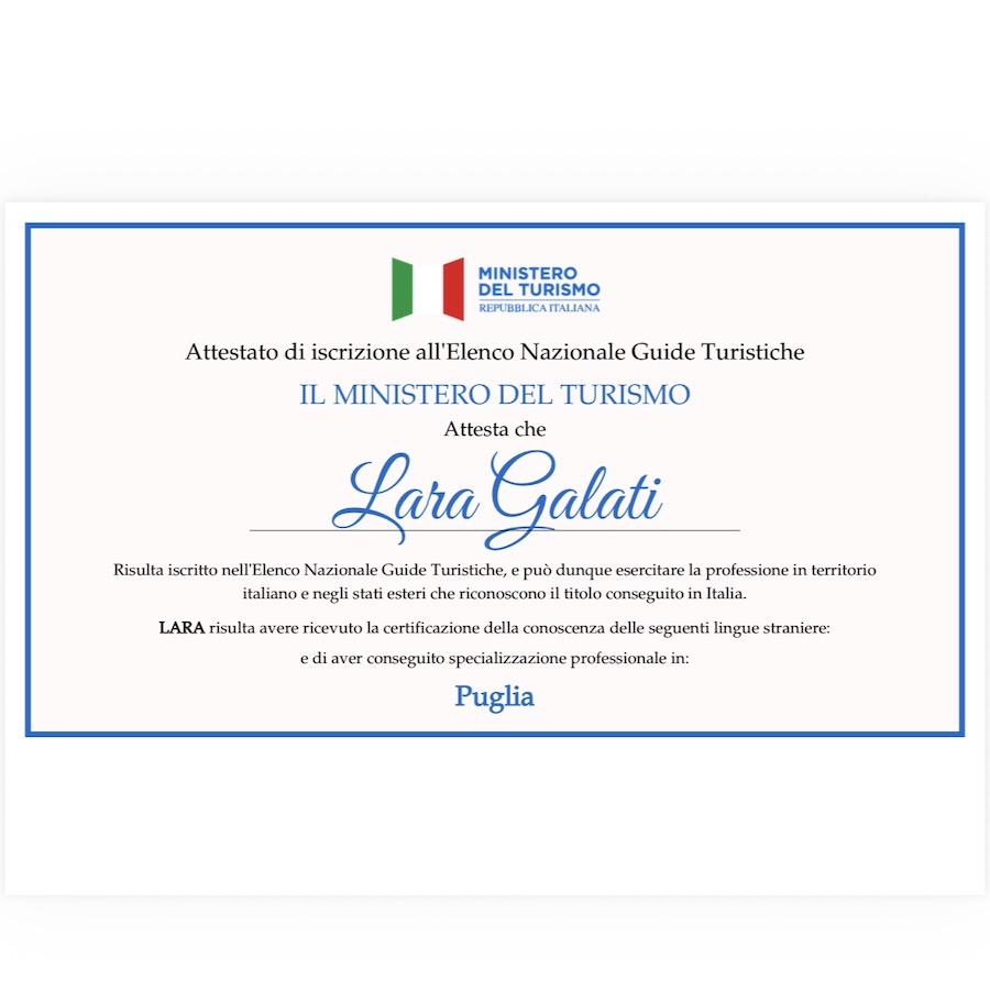 attestato iscrizione elenco nazionale guide turistiche lara galati lecce